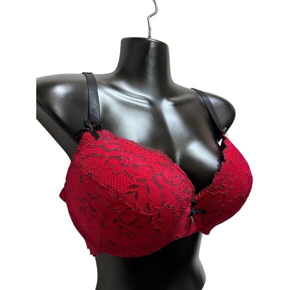 Torrid Bra 38DD Red Black Lace Overlay Padded Underwire Adjustable Straps Bows - Picture 2 of 7
